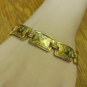 Egyptian Revival Gold Tone Link Panels Bracelet Vintage Hieroglyphic Art Deco